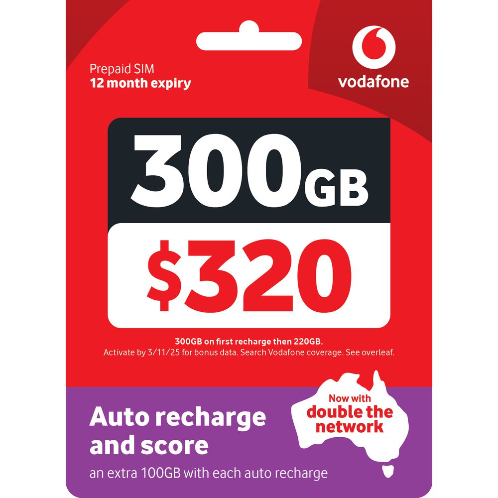 Vodafone prepaid SIM card packaging with 300GB and $320 pricing on a red and purple background.
