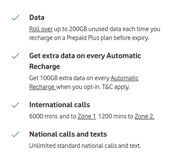 List of telecommunications benefits including data roll-over, extra data on automatic recharges, international and national calling plans.