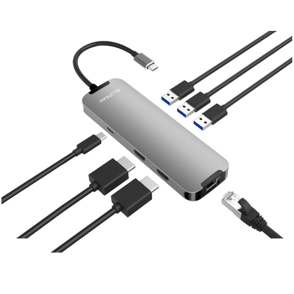 Blupeak USB-C Multi-Port Adapter Dual HDMI/3 x USB-A/RJ45 LAN/USB-C Power