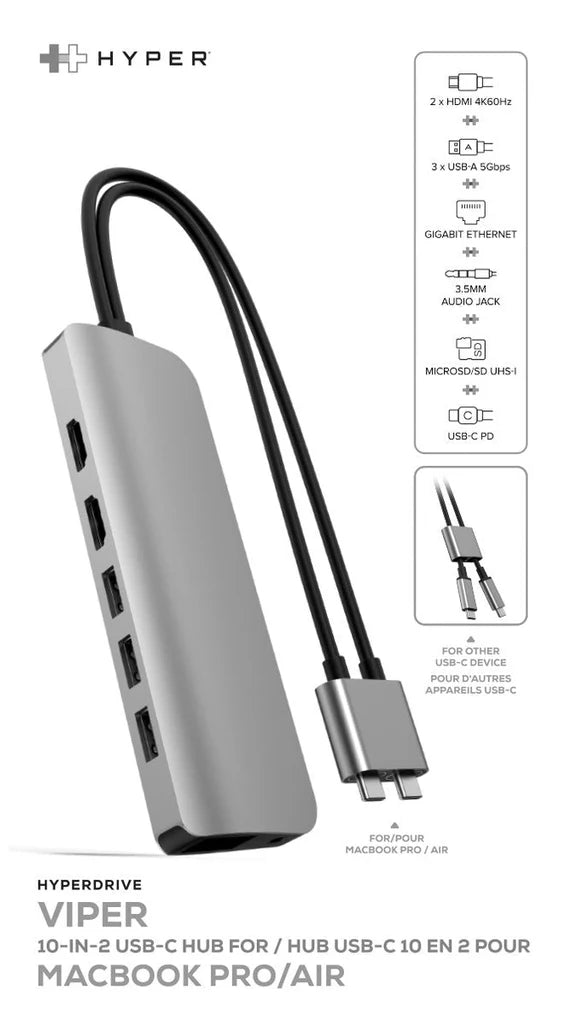HyperDrive VIPER 10-in-2 USB-C Hub - Silver HD392-SILVER